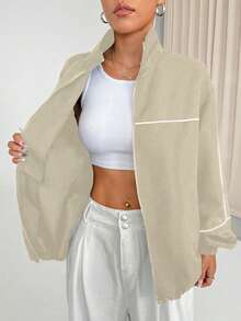 SHEIN Unity 白色拉链运动夹克，饰有条纹滚边 - 卡其色 - 查看 3