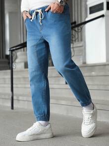 Manfinity Homme Men's Drawstring Waist Pockets Straight Loose Casual Versatile Jeans - Blue - View 5