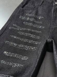 ROMWE MEN Men's Rhinestone Embellished Pocket Wide Leg Loose Casual Jeans - Black - View 5