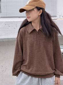 DAZY Girls Collared Knit Sweatshirt - Brown - View 1