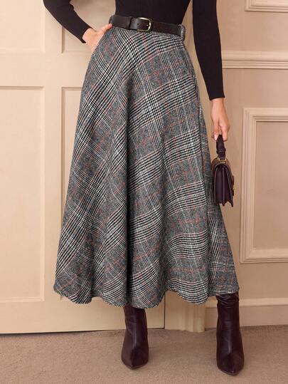 Vintamour Vintage Elegant Women High Waist Plaid Skirt With Pockets, Casual A-Line Flare Skirt