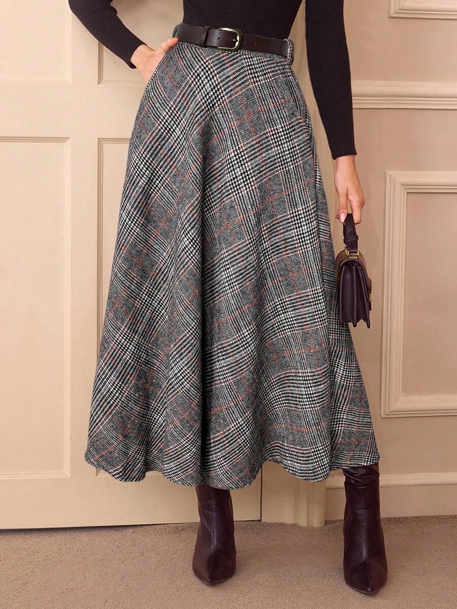 Vintamour 复古优雅女式高腰格子裙，带口袋，休闲 A 字喇叭裙 - 彩色 - 查看 1