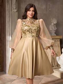 Aureia Váy cưới chữ A tay bồng cổ cao sang trọng, đính sequin lấp lánh, lãng mạn cỡ lớn, phù hợp cho đám cưới, tiệc tùng, lễ kỷ niệm, sự kiện trang trọng, váy dạ hội (Thiết kế đính đá lộng lẫy) - Rượu sâm banh - Xem 6