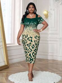 SHEIN Lady Đầm bodycon tay ngắn hở vai cỡ lớn thanh lịch cho nữ, trang phục đi biển, đầm trang trọng cho nữ - Màu xanh lá cây đậm - Xem 4