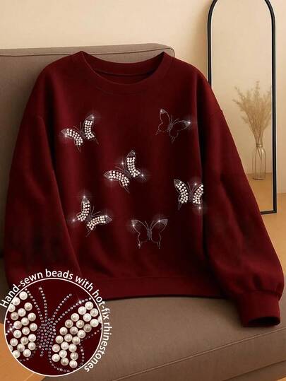 Resyla Butterfly Studded & Rhinestone Embellished Fashionable Minimalist Women Crew Neck Regular Fit Long Sleeve Sweatshirt, Gift For Friends, Autumn/Winter