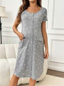 SHEIN Maternity Bow Print Short Sleeve Dress Nursing Dresses Maternity Dress Summer Maternity Two Piece Sets Labor And Delivery Gown Maternity Clothes Two Piece Suits - Pink - View 3