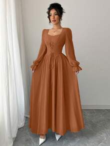 Modelyn 女士纯色心形领长袖系腰法式优雅中长连衣裙 - 橘色 - 查看 4