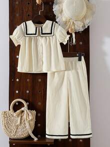 Elladie kids Young Girls Shirt Set - Top With Sweet Cute Contrast Collar, Elastic Cuff + Straight Leg Pants With Crinkle Texture Fabric, Casual Style Suitable For Summer Girls Spring Autumn Suit Girl Two Piece Pants Set Girls Clothes Sets Shirt Pants Collar Shirt Pants Set