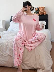 SHEIN Casual Underwear&Sleepwear 大码爱心印花长袖睡衣套装，冬季服装 - 彩色 - 查看 5
