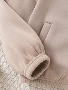 SHEIN Young Girl Zip-Up Drawstring Long Sleeve Warm Fleece Fashionable Casual Stand Collar Sweatshirt Jacket Khaki Zip Up In Fall/Winter Zip Up Top Khaki Top Sweatshirt Plain Color Zip Up Sweatshirt Chic Beige Cropped Sweatshirt Jacket With Full Zip And Stand Collar Ideal For Casual Fall Spring - Khaki - View 13