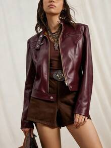 Easelle 女士纯色深咖啡色PU皮革拉链休闲夹克 - 酒紅色 - 查看 5