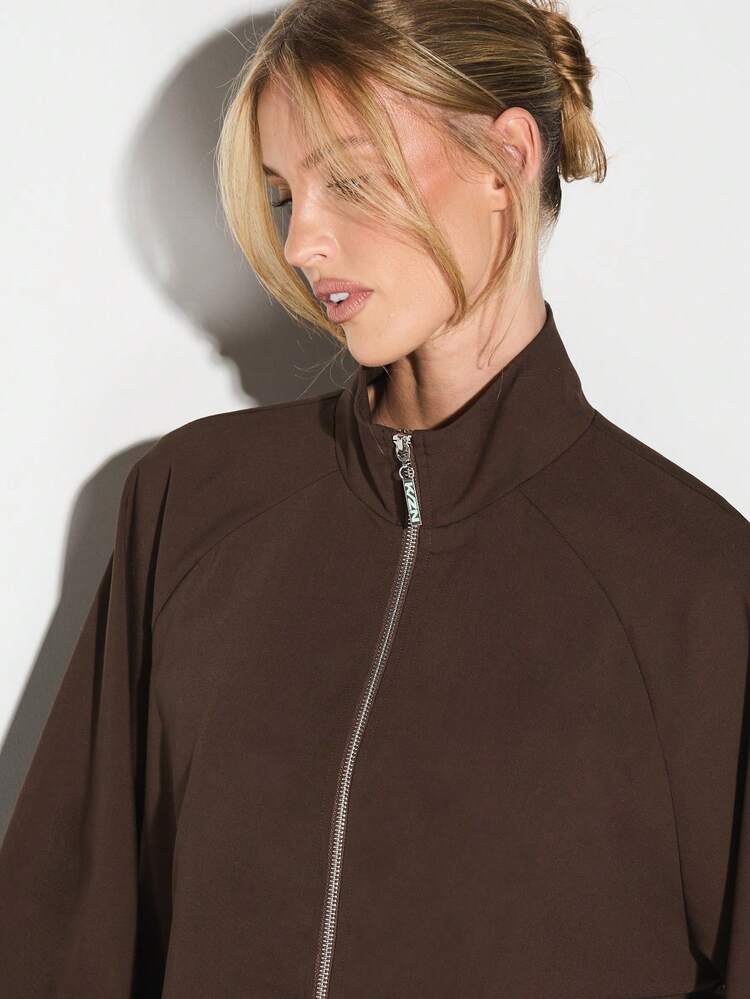 KIZN Oversized Brown Zip Up Track Jacket With Stand Collar And Elastic Cuffs For Fall Winter Casual Outerwear
