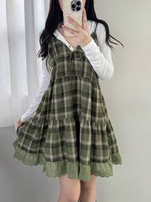 FRIFUL Colete feminino xadrez com alças, patchwork bordado, algodão, modelagem solta e versátil com laço decorativo, ideal para outono/inverno.