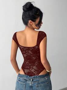 Aloruh Bộ đồ liền thân ren trơn màu gợi cảm thời trang dành cho nữ - Màu Đỏ Sâu - Xem 2