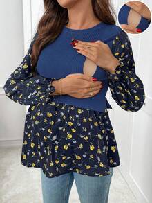 SHEIN 孕妇拼布碎花圆领长袖休闲哺乳上衣 - 藏蓝色 - 查看 1