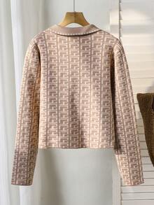 女士V领长袖毛衣，百搭设计，金属纽扣点缀，人字纹图案，棕色，休闲日常穿着 - 棕色 - 查看 2