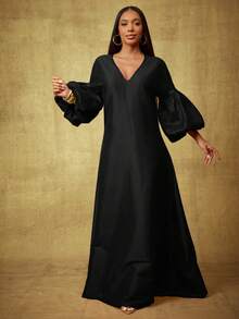 Vixey Solid Taffeta V Neck Drop Shoulder Puff Sleeve Flowy Maxi Dress - Black - View 3