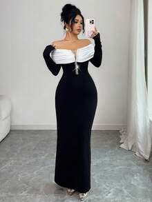 SHEIN Elenzya 女士优雅黑色露肩珍珠装饰连衣裙，适合日常穿着、婚礼、晚宴、通勤、毕业典礼、节日、约会、派对、万圣节、圣诞节、新年、感恩节等场合。 - 黑色 - 查看 4