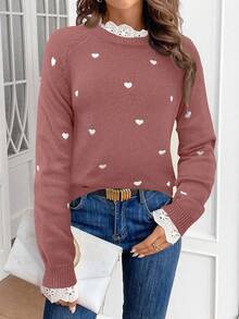 Serisse 女士爱心刺绣拼接插肩袖毛衣，长袖上衣，秋冬针织衫 - 藕粉色 - 查看 4