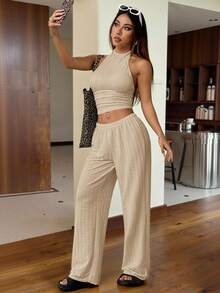 SHEIN EZwear 女式卡其色褶皱短款露背上衣和宽松阔腿裤休闲两件套 - 卡其色 - 查看 6