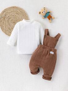 SHEIN 2pcs Baby Boy Textured Fleece Stand Collar Long Sleeve Top And Bib Overalls Set New Born Fall Baby Outfit Newborn Baby Boy Brown Baby Boy Outfit Mocha Baby Clothes Baby Knit Jumpsuit Brown Baby Boy Jumpsuit