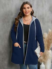 SHEIN PETITE CURVE Abrigo con capucha con cordón y bolsillos para mujer talla grande de invierno - Azul - Ver 4