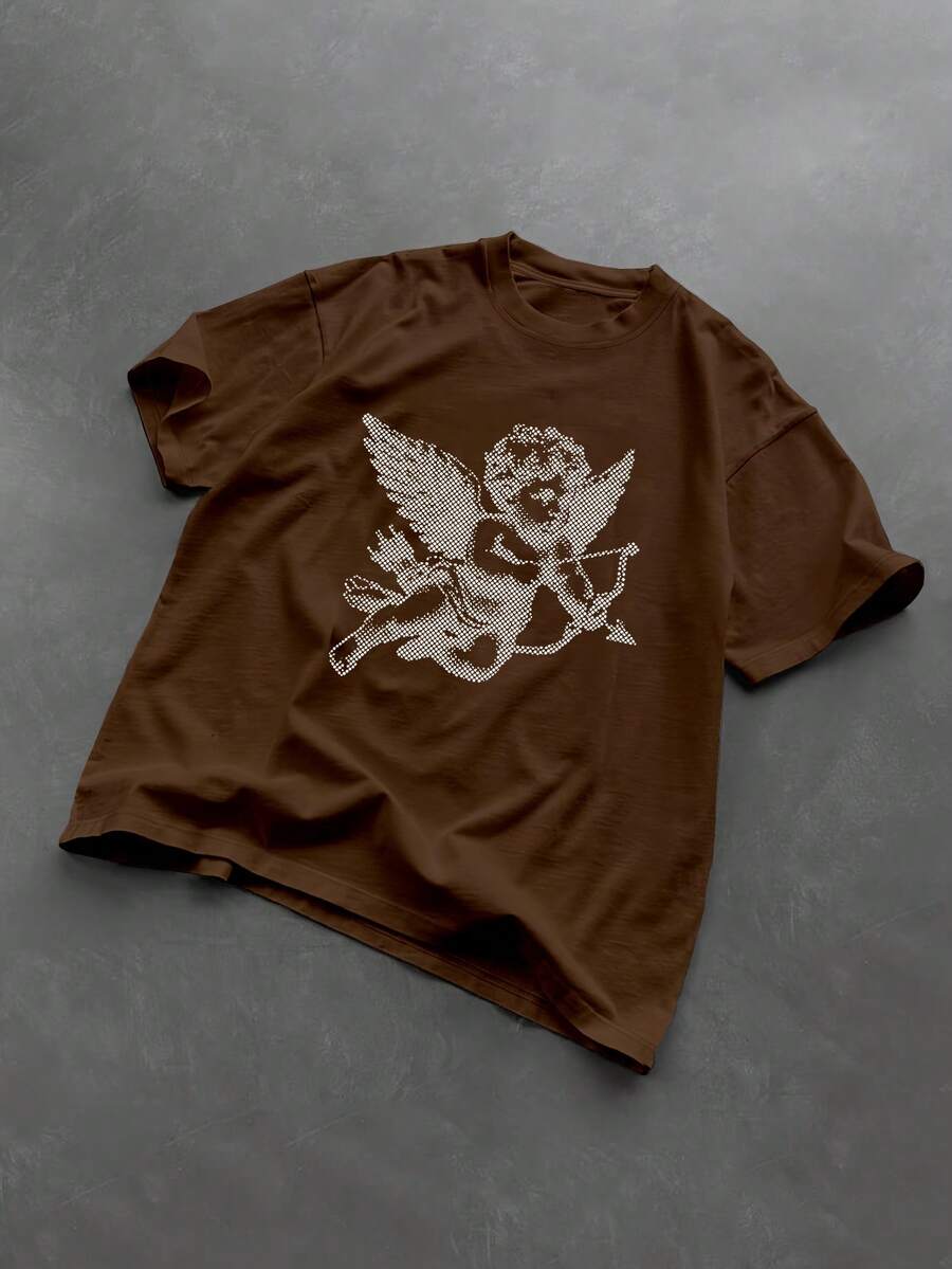 Glimmora 男士圆领天使印花宽松休闲标准T恤 - 咖啡棕 - 查看 1