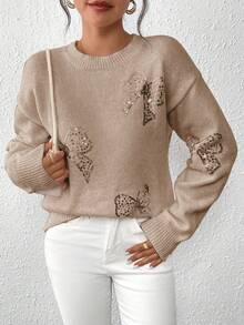 SHEIN LUNE Crew Neck Pullover Autumn/Winter Top, Pink Butterfly Beaded Embroidery Sweater - Camel - View 6