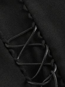 SHEIN MOD Váy dài tay bèo nhún viền buộc màu đen trắng cho nữ, Váy ngày lễ, Trang phục năm mới, Năm mới, Váy dự tiệc Valentine, Váy sơ mi tặng quà, Quần áo mùa đông cho nữ - Đen và trắng - Xem 3