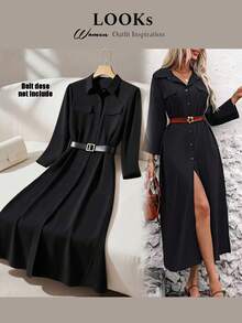 Franclia 休闲黑色纽扣领口袋长款半袖衬衫裙，优雅长款女装 - 黑色 - 查看 3