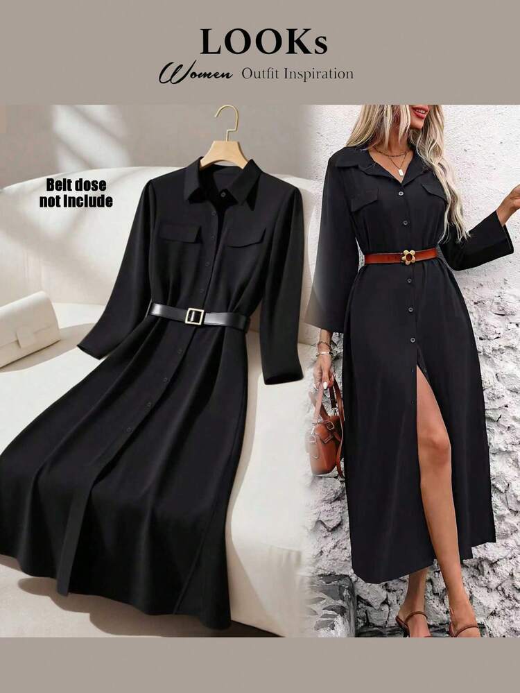 Franclia Avslappnad svart knapphalskrage med fickor, långärmad skjortklänning, elegant maxi-outfit för kvinnor - Svart - Visa 3