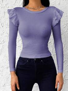 Cottnline 95% Cotton Ribbed Knit Ruffle Trim Tee - Lilac Purple - View 3