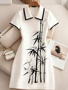 GlowEve CURVE Apricot Plus Size Short Sleeve Mini Dress With Bamboo Print - Apricot - View 7
