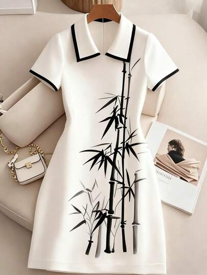 GlowEve CURVE Plus Size Spring/Summer Short Sleeve Waist Gathered A-Line Casual Elegant Commuting Dress, Bamboo Print Color Blocking Chinese Style Dress Asian Dress Cheongsam Dress Bamboo Print Dress Qipao Dress