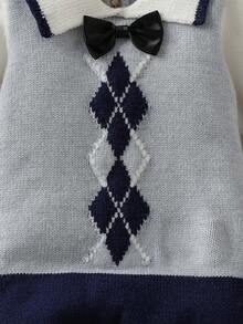 Newborn Baby Casual Fashion Cute Diamond Pattern White, Gray, Navy Blue Knitted Striped Bodysuit, Soft & Comfortable, Suitable For Daily, Outdoor, Travel, Holiday, Home, Daycare, Playtime, Autumn/Winter, Christmas, Back To School, Party, All-Match Airplane Captain Outfit For Baby Boy Knitted Baby Boy Outfit Baby Boy Sweater Set Sapphire Suit For Baby Boy Baby Sailor Navy Outfit Argyle Baby Boy Outfit Baby Boy Argyle Sweater Baby Boy Navy Suit Baby Sweater Baby Boy Argyle Outfit - Royal Blue - View 13