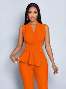 SOLERSUN 女款杏色优雅V领长袖T恤阔腿裤两件套不对称下摆两件套日常休闲女装春夏无袖短袖 - 橘色 - 查看 4