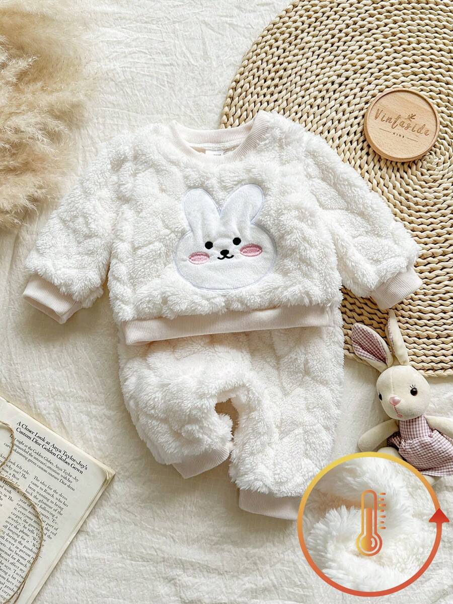 SHEIN Vintaside Kids 2pcs Baby Outfit, Cute Rabbit Pattern Sweatshirt And Fuzzy Long Pants Set, Milky White, Autumn/Winter - Pink - View 1