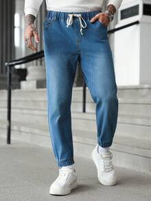 Manfinity Homme Men's Drawstring Waist Pockets Straight Loose Casual Versatile Jeans - Blue - View 3