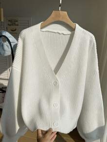 Comfortcana Cardigan Rajut Bergaris Polos Kasual Ukuran Besar dengan Bahu Jatuh, Sweater Cardigan Putih, Pakaian Musim Gugur untuk Wanita - Putih - View 9