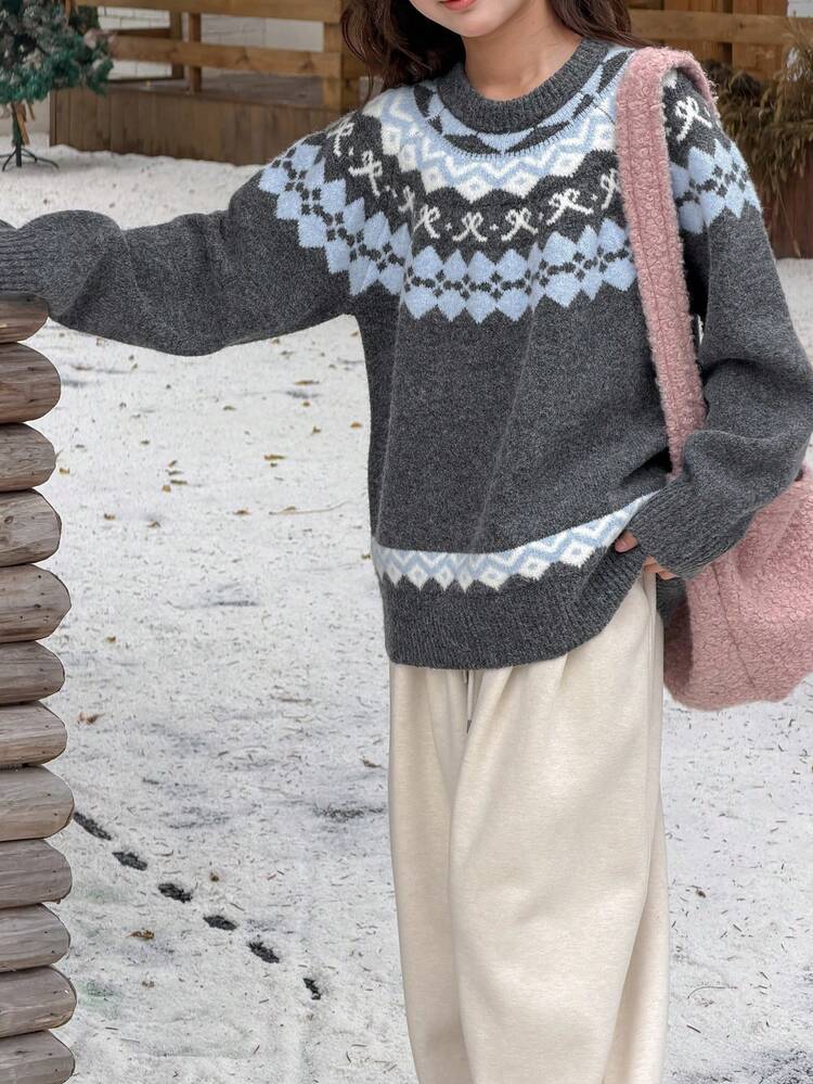 Tween Girls' Round Neck Color Block Casual Korean Style Loose Fit Long Sleeve Sweater, Autumn/Winter