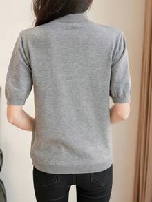 EMERY ROSE 女士纯色高领短袖休闲针织上衣 - 淺灰色 - 查看 2