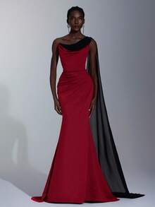 Elitara Elegante y lujoso vestido maxi con cola, de punto elástico en color café oscuro combinado con gasa plisada negra, con hombro asimétrico, manga abullonada y abertura sexy, para eventos formales de mujer - Burdeos - Ver 6