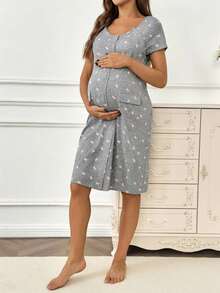 SHEIN Maternity Bow Print Short Sleeve Dress Nursing Dresses Maternity Dress Summer Maternity Two Piece Sets Labor And Delivery Gown Maternity Clothes Two Piece Suits - Pink - View 4