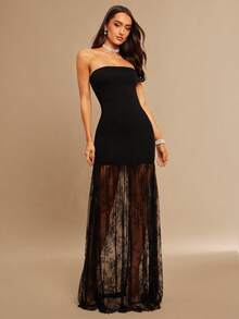 Silquee 女士优雅派对蕾丝拼接连衣裙 - 黑色 - 查看 5