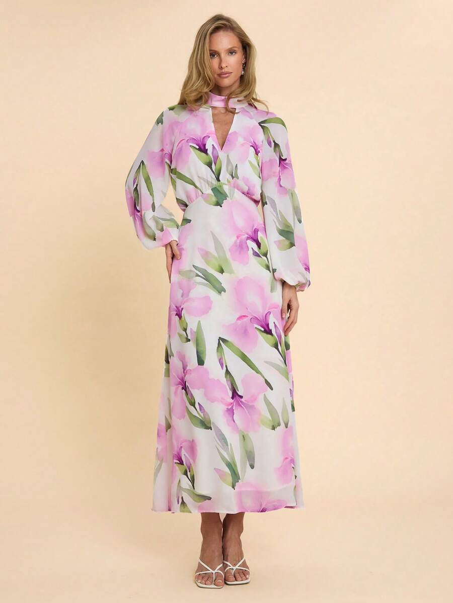 COSMINA Đầm maxi in hoa dành cho nữ, đầm maxi thanh lịch, đầm ngày Valentine, đầm dự tiệc cưới, đầm tay dài, đầm lãng mạn sang trọng, cổ chữ V, thiết kế tay raglan, đầm hở lưng, thích hợp cho các buổi họp mặt, tiệc cocktail và sự kiện. - Nhiều màu - Xem 1
