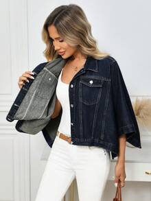 EMERY ROSE Women's Fleece Bat Wing Sleeve Single-Breasted Loose Denim Jacket,Navy Blue,Autumn,Oversized,Everyday Jean Shirt Top 2 Piece Denim Sets For Woman - Blue - View 7