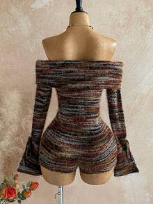 Soleia Women's All-Over Print Off Shoulder Fitted Stylish Vacation Long Sleeve Jumpsuit