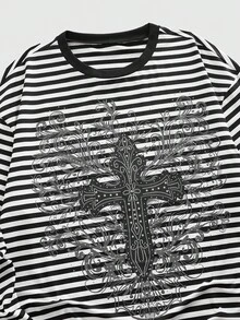 ROMWE MEN Street Life 男士休闲十字印花条纹圆领长袖T恤，秋季款 - 黑與白 - 查看 3