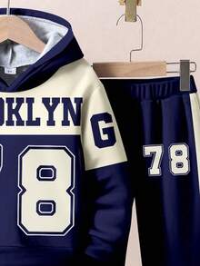 SHEIN 2pcs/Set Young Boy Loose Casual Sports Sweatshirt And Pants,Autumn,Career Day,Back-To-School,Color Block Patchwork Brooklyn City Number 78 Letter G7 - Multicolor - View 4