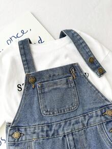 SHEIN 幼儿男童复古蓝色牛仔宽松背带裤 - 中等水洗藍 - 查看 6